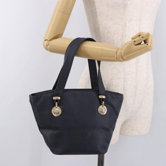 VERSACE Hand Bag Leather Navy Gold Auth bs35368