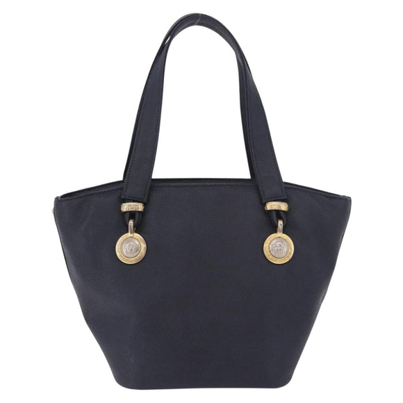 VERSACE Hand Bag Leather Navy Gold Auth bs35368