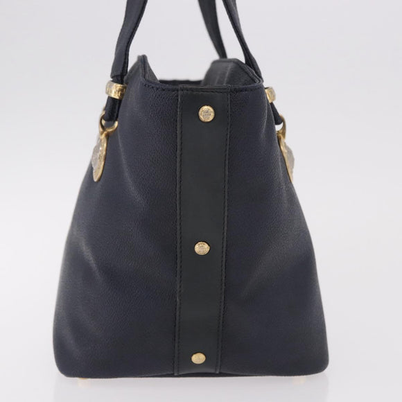VERSACE Hand Bag Leather Navy Gold Auth bs35368