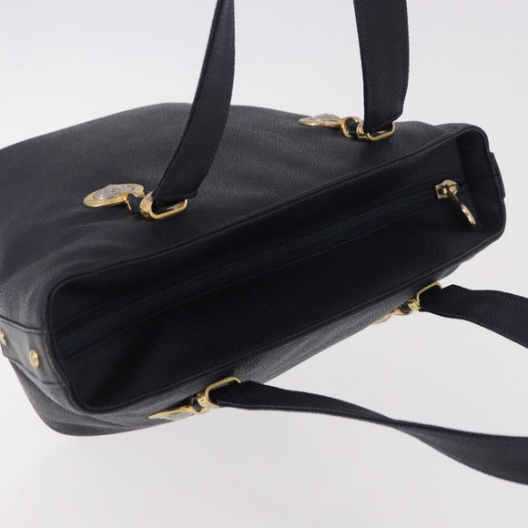 VERSACE Hand Bag Leather Navy Gold Auth bs35368