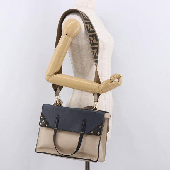 FENDI Flip Tote Bag Leather 3way Navy Gold Auth bs35380A