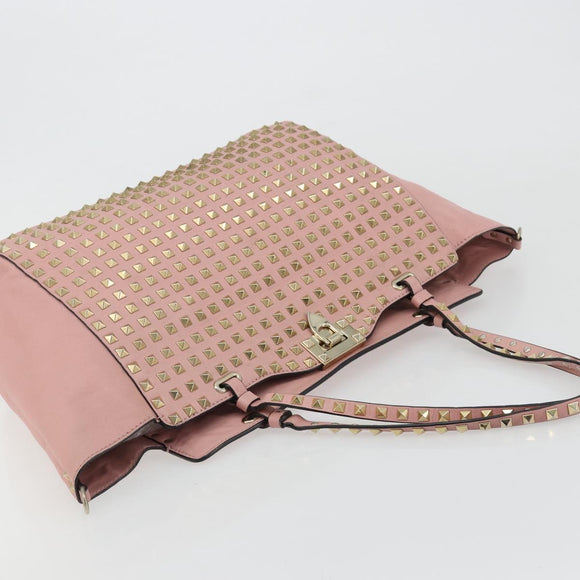 VALENTINO Rock Studs Tote Bag Leather Pink Gold Auth bs35382