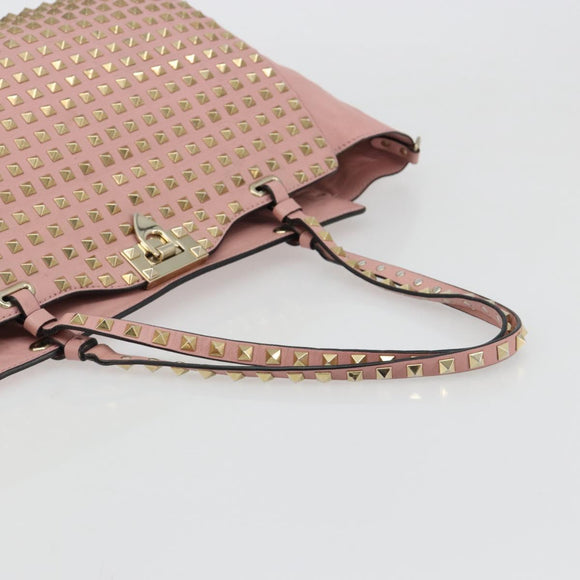 VALENTINO Rock Studs Tote Bag Leather Pink Gold Auth bs35382