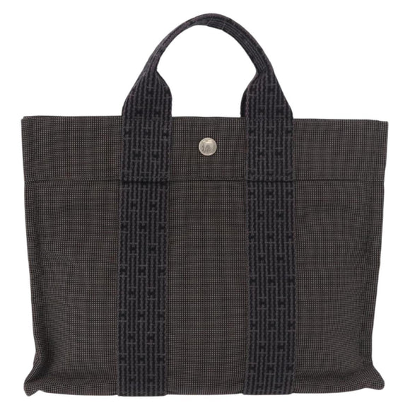 HERMES Her Line Hand Bag Canvas Schwarz Silber Auth bs35385A