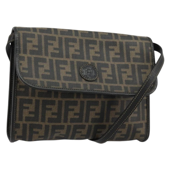 FENDI Zucca Canvas Shoulder Bag PVC Black Brown Auth bs35394A