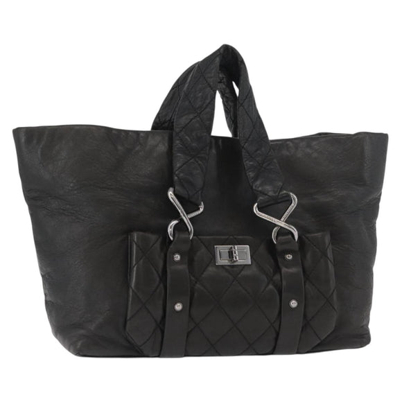 CHANEL 2.55 Matelasse Hand Bag Lamb Skin Black Silver CC Auth bs35399A