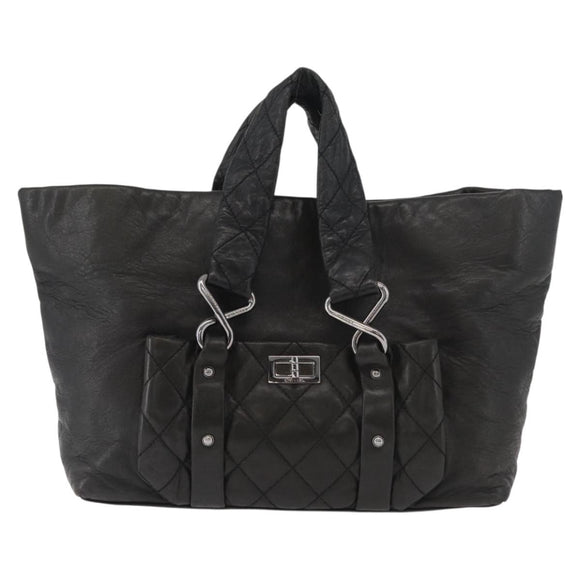 CHANEL 2.55 Matelasse Hand Bag Lamb Skin Black Silver CC Auth bs35399A