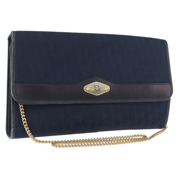 Christian Dior Trotter Canvas Chain Shoulder Bag Navy Gold Auth bs35406