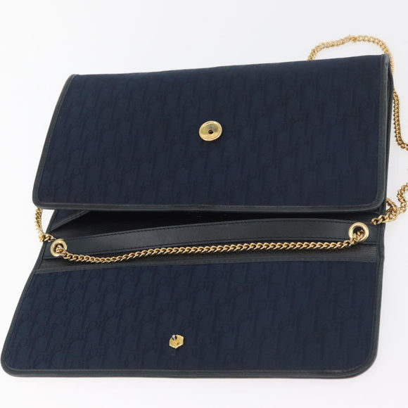 Christian Dior Trotter Canvas Chain Shoulder Bag Navy Gold Auth bs35406