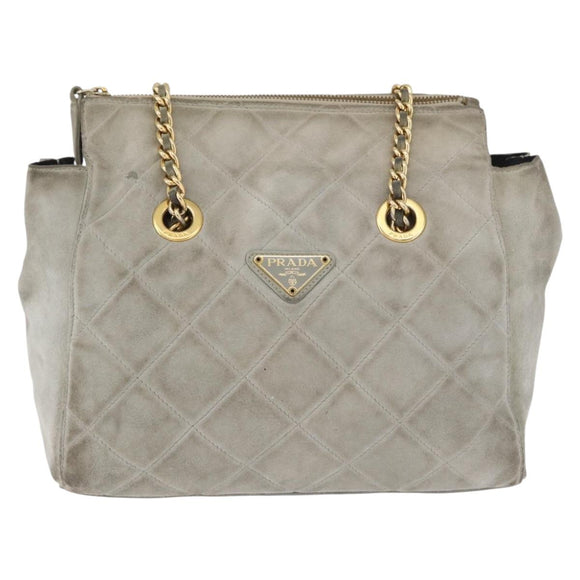 PRADA Ketten-Schultertasche Wildleder Grau Gold Authentisch bs35411