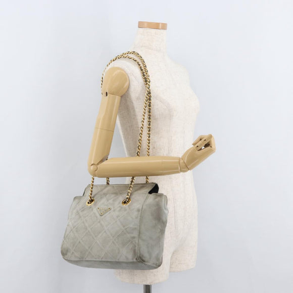PRADA Ketten-Schultertasche Wildleder Grau Gold Authentisch bs35411