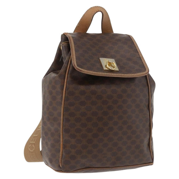 CELINE Macadam Canvas Backpack PVC Leather Brown Gold Auth bs35412