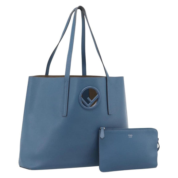 FENDI Tote Bag Leather Blue Silver Auth bs35416