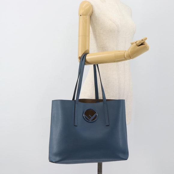 FENDI Tote Bag Leather Blue Silver Auth bs35416