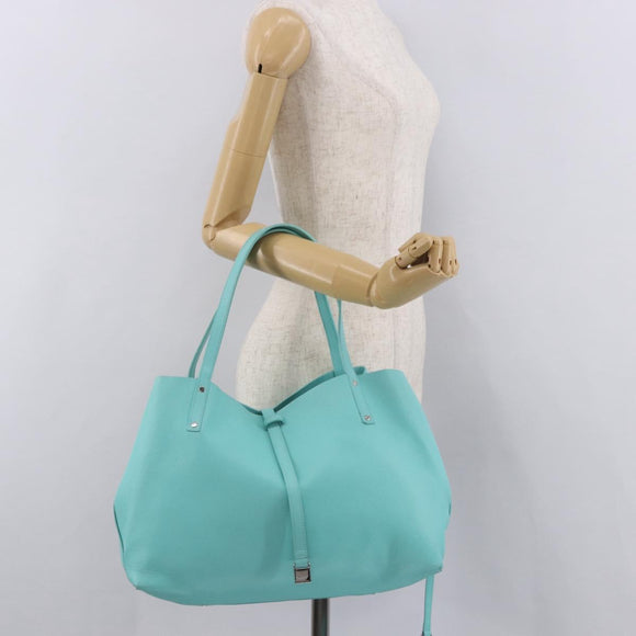 TIFFANY&Co. Tote Bag Leather Turquoise Blue Silver Auth bs35417A