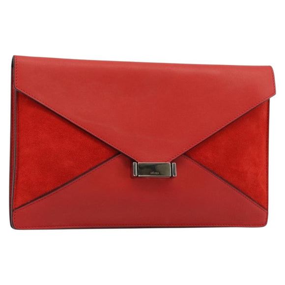 CELINE Clutch Bag Leather Red Silver Auth bs35432A