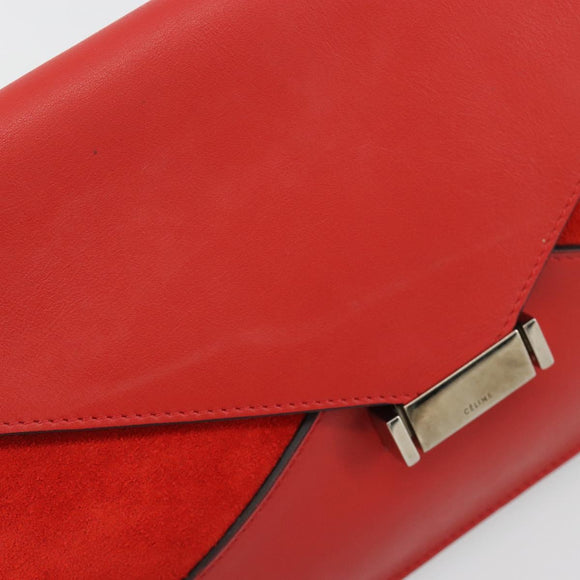 CELINE Clutch Bag Leather Red Silver Auth bs35432A