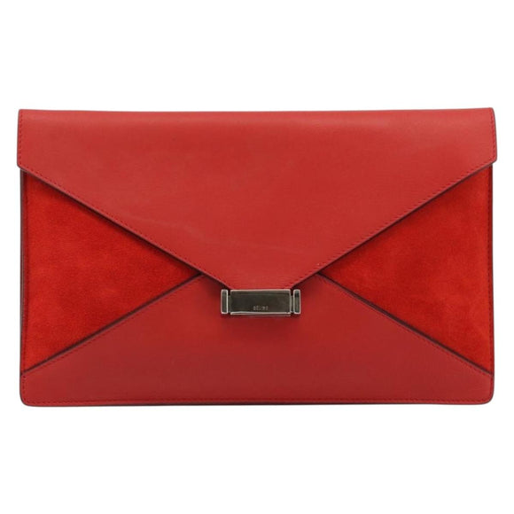 CELINE Clutch Bag Leather Red Silver Auth bs35432A