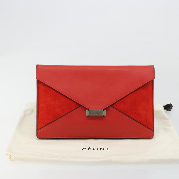 CELINE Clutch Bag Leather Red Silver Auth bs35432A