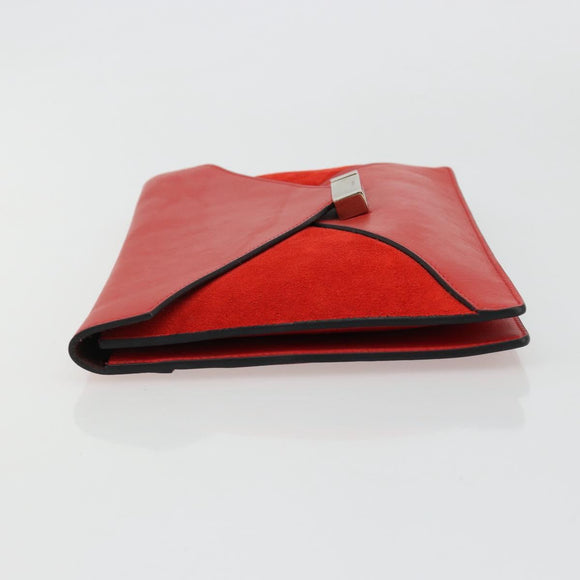 CELINE Clutch Bag Leather Red Silver Auth bs35432A