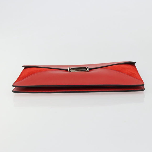 CELINE Clutch Bag Leather Red Silver Auth bs35432A