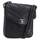 CHANEL V Stitch Shoulder Bag Lamb Skin Navy Gold CC Auth bs35440-1