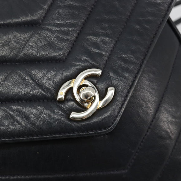 CHANEL V Stitch Shoulder Bag Lamb Skin Navy Gold CC Auth bs35440