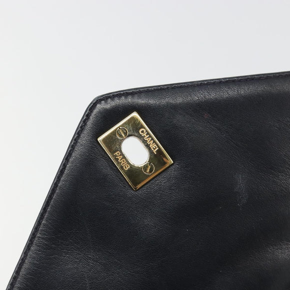 CHANEL V Stitch Shoulder Bag Lamb Skin Navy Gold CC Auth bs35440
