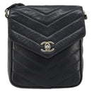 CHANEL V Stitch Shoulder Bag Lamb Skin Navy Gold CC Auth bs35440-2