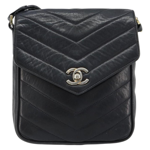 CHANEL V Stitch Shoulder Bag Lamb Skin Navy Gold CC Auth bs35440