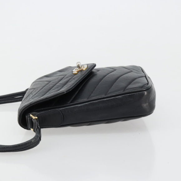 CHANEL V Stitch Shoulder Bag Lamb Skin Navy Gold CC Auth bs35440