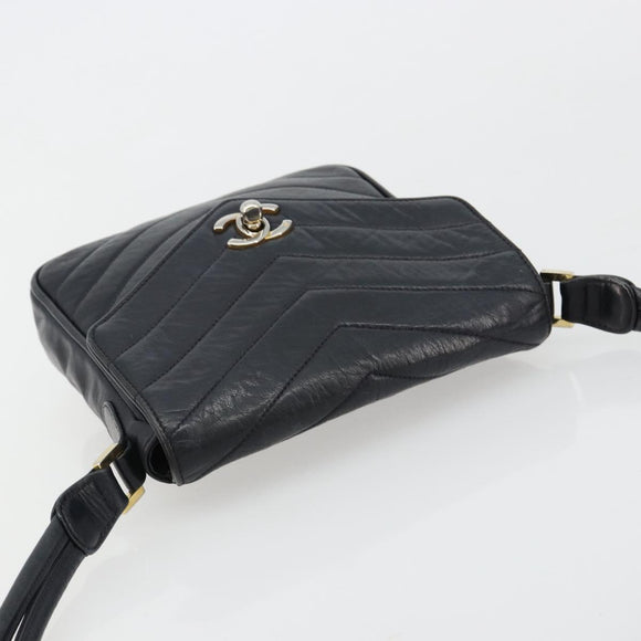 CHANEL V Stitch Shoulder Bag Lamb Skin Navy Gold CC Auth bs35440