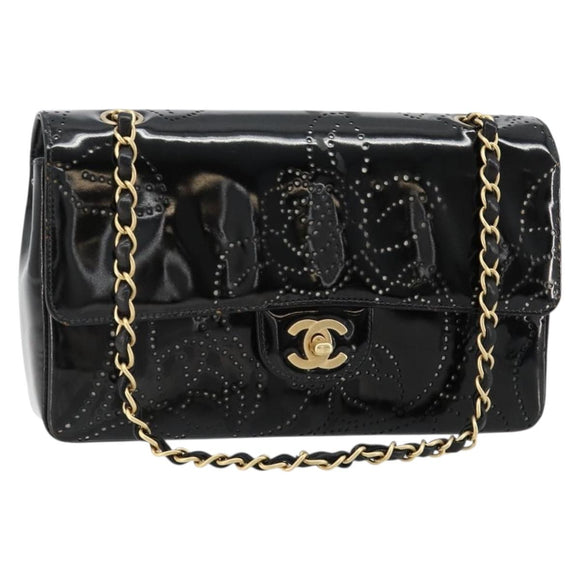 CHANEL Schultertasche Kette Lackleder Schwarz Gold CC Auth bs35471A