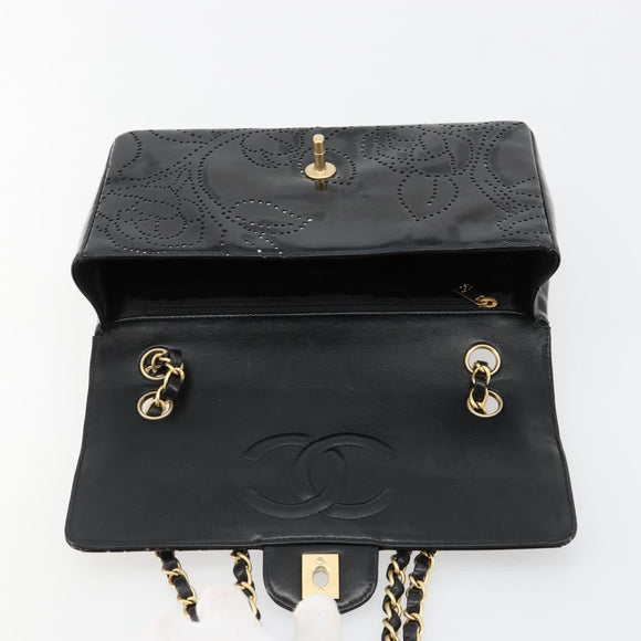 CHANEL Schultertasche Kette Lackleder Schwarz Gold CC Auth bs35471A