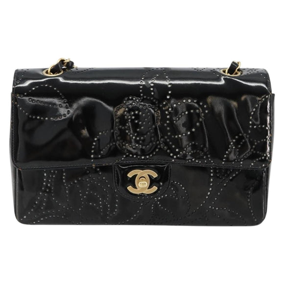CHANEL Schultertasche Kette Lackleder Schwarz Gold CC Auth bs35471A