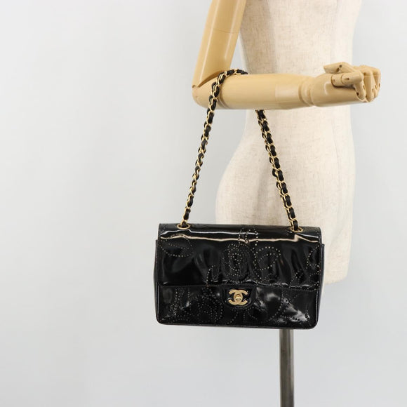 CHANEL Schultertasche Kette Lackleder Schwarz Gold CC Auth bs35471A