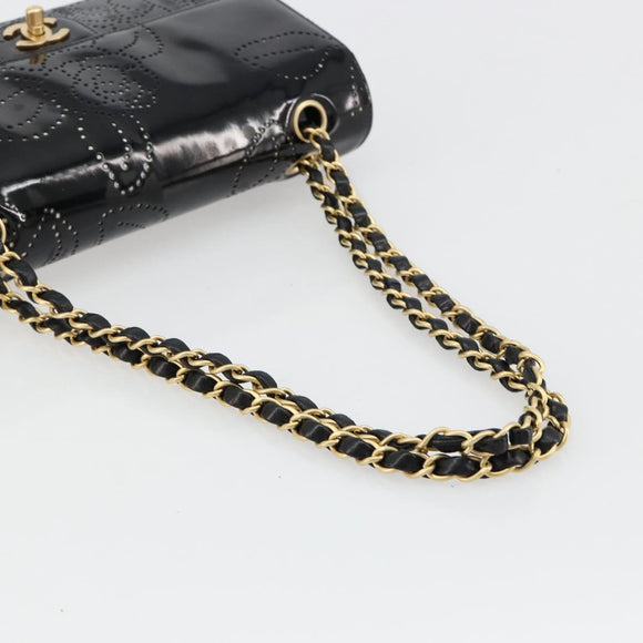 CHANEL Schultertasche Kette Lackleder Schwarz Gold CC Auth bs35471A