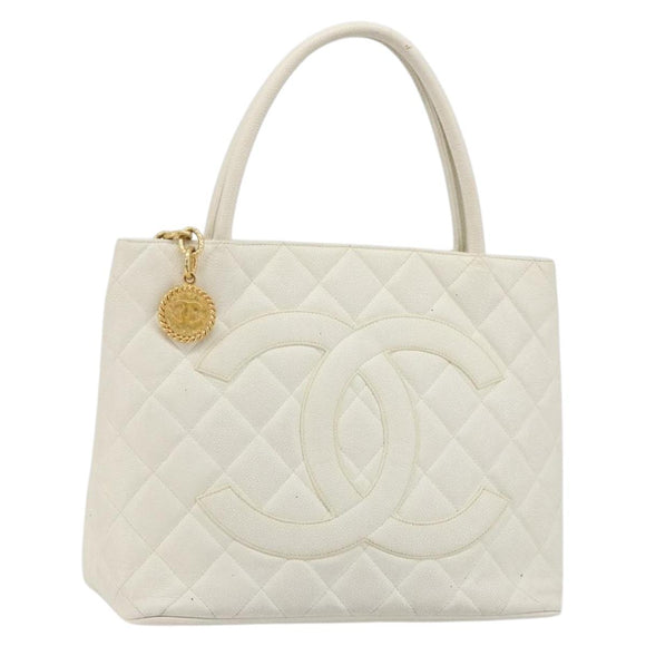 CHANEL Reissue Tote Bag Caviar Skin White Gold CC Auth bs35475