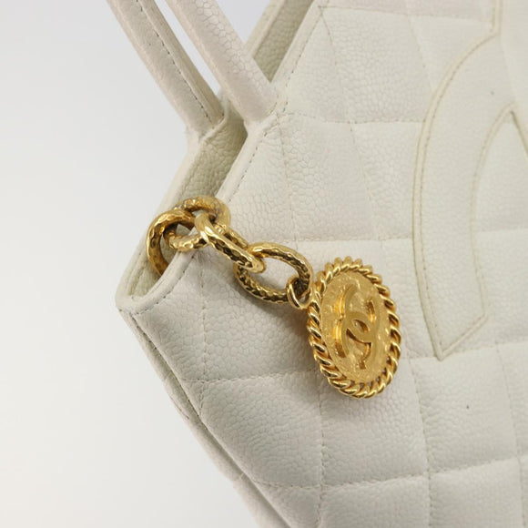 CHANEL Reissue Tote Bag Caviar Skin White Gold CC Auth bs35475