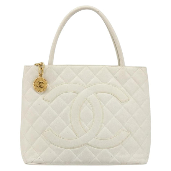 CHANEL Reissue Tote Bag Caviar Skin White Gold CC Auth bs35475