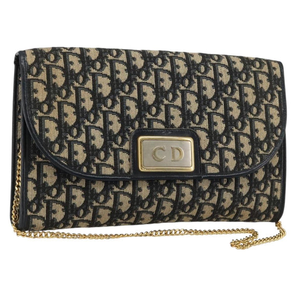 Christian Dior Trotter Canvas Chain Shoulder Bag Navy Gold Auth bs35490