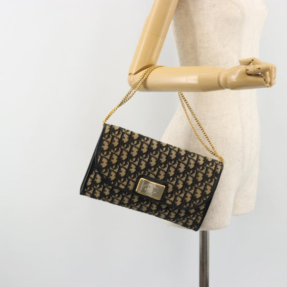 Christian Dior Trotter Canvas Chain Shoulder Bag Navy Gold Auth bs35490