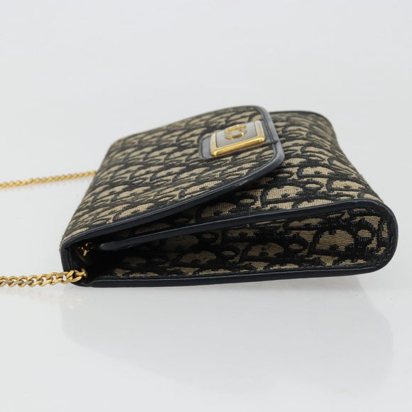 Christian Dior Trotter Canvas Chain Shoulder Bag Navy Gold Auth bs35490