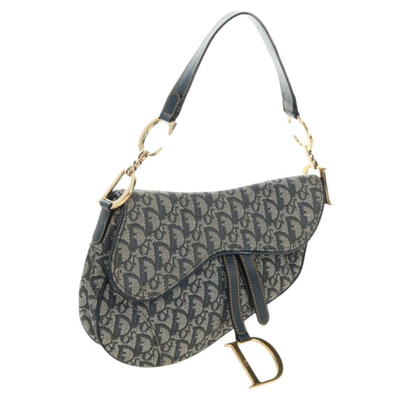 Christian Dior Trotter Canvas Saddle Shoulder Bag Navy Gold Auth bs35491V