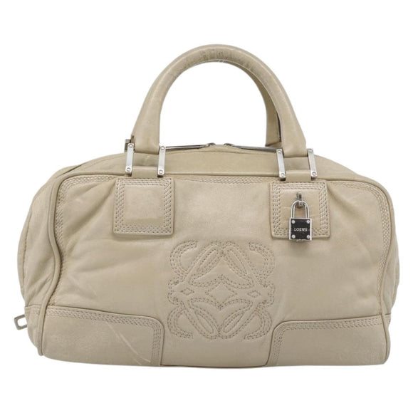 LOEWE Anagram Hand Bag Leather Beige Silver Auth bs35492