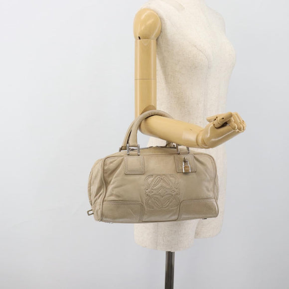 LOEWE Anagram Hand Bag Leather Beige Silver Auth bs35492
