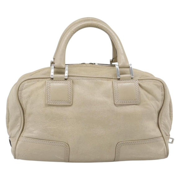 LOEWE Anagram Hand Bag Leather Beige Silver Auth bs35492