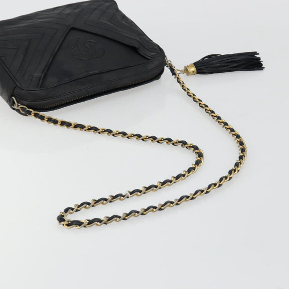 CHANEL Chain Shoulder Bag Lamb Skin Black Gold CC Auth bs35493