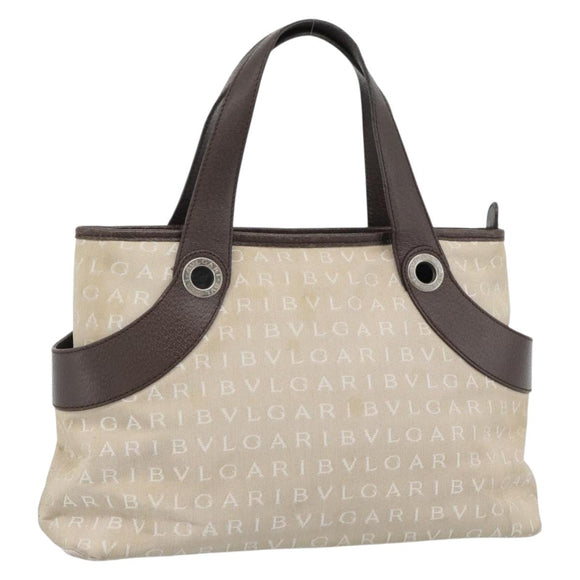 BVLGARI Logo Mania Hand Bag Canvas Beige Silver Auth bs35496