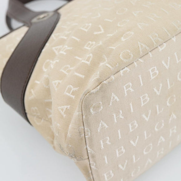 BVLGARI Logo Mania Hand Bag Canvas Beige Silver Auth bs35496